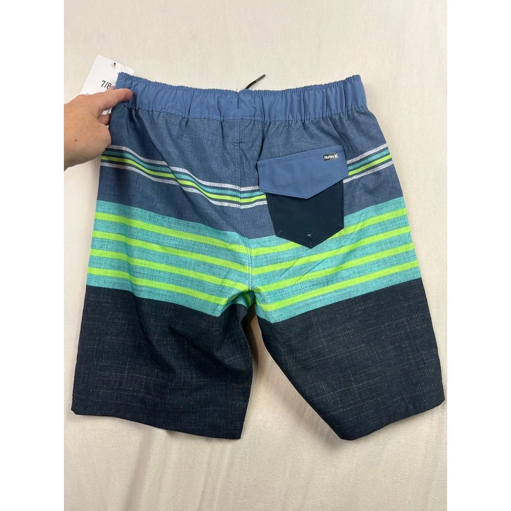 Hurley Boys Board Shorts Blue Green Striped Swim Trunks Size 7/8 985888-B6Z